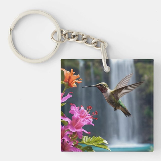 "Whispers of Nature: Hummingbird, Waterfall,  Key Ring (Front)