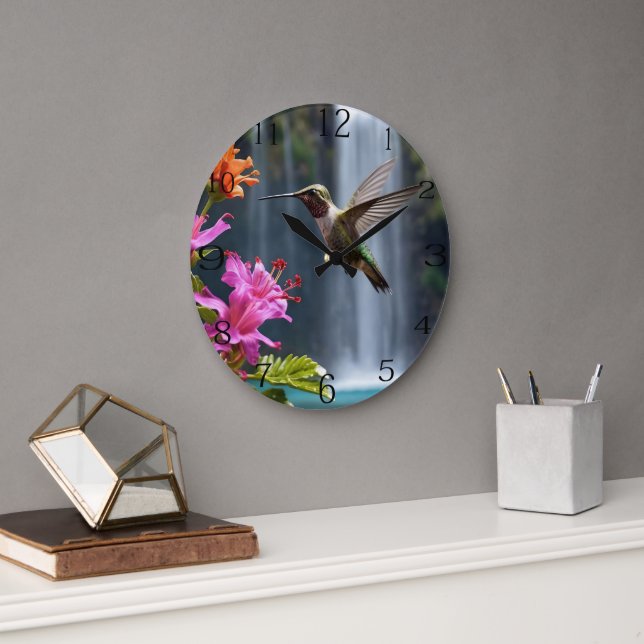 "Whispers of Nature: Hummingbird, Waterfall Large Clock (Office)