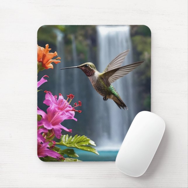 "Whispers of Nature: Hummingbird, Waterfall,  Mouse Mat (With Mouse)