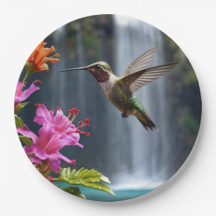 "Whispers of Nature: Hummingbird, Waterfall Paper Plate