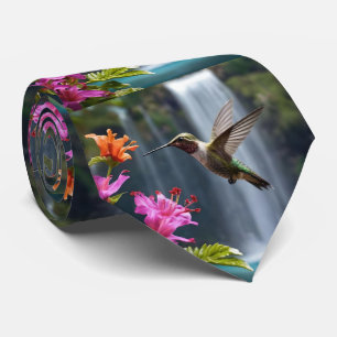 "Whispers of Nature: Hummingbird, Waterfall, Tie
