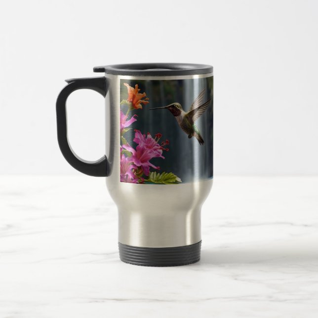 "Whispers of Nature: Hummingbird, Waterfall Travel Mug (Left)