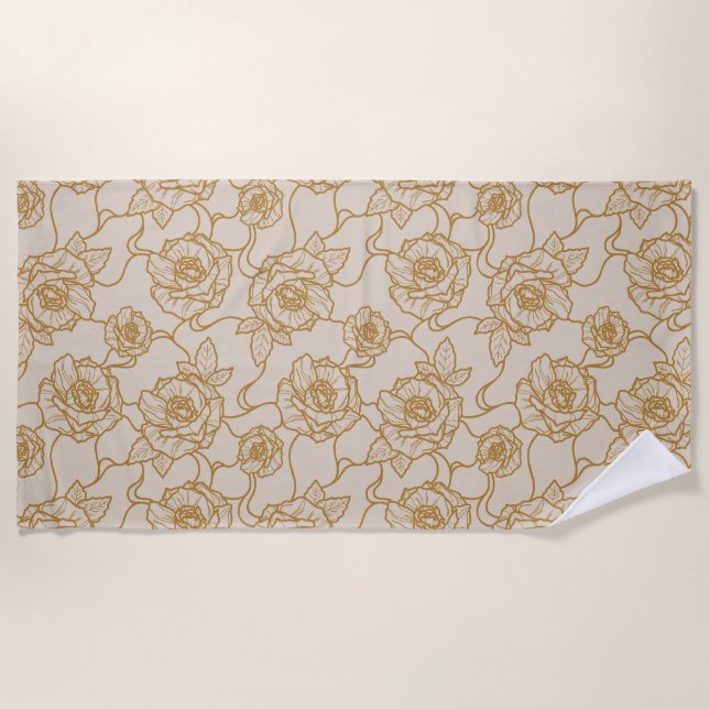 Whispers of Rose, Elegant Line Art Floral Pattern Beach Towel (Front)