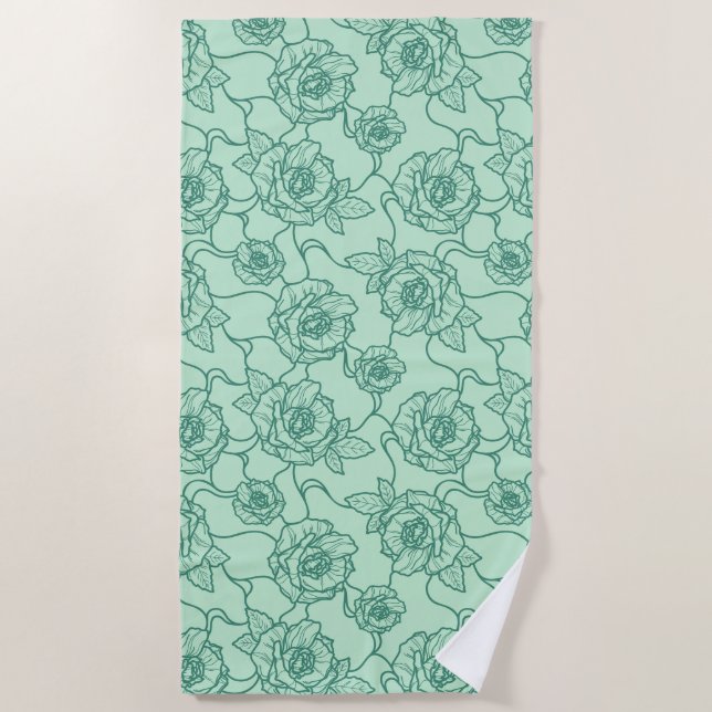 Whispers of Rose, Elegant Line Art Floral Pattern Beach Towel (Front)