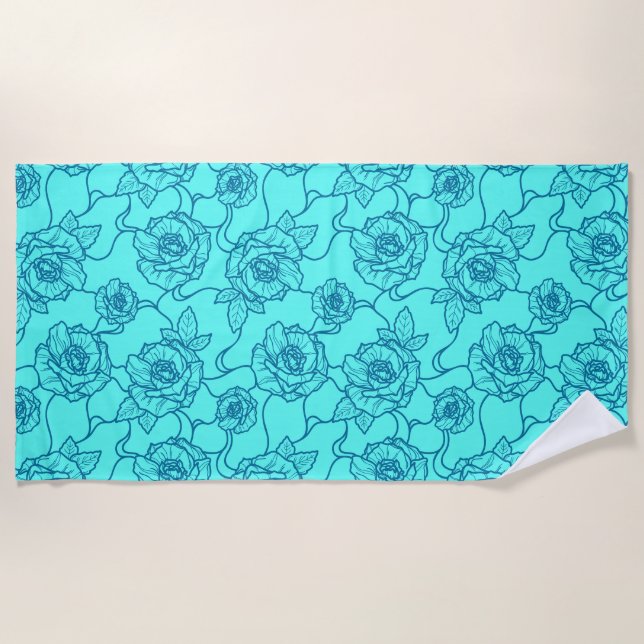 Whispers of Rose, Elegant Line Art Floral Pattern Beach Towel (Front)