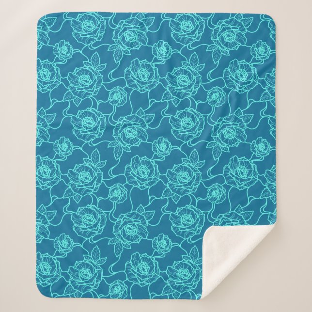 Whispers of Rose, Elegant Line Art Floral Pattern Sherpa Blanket (Front)