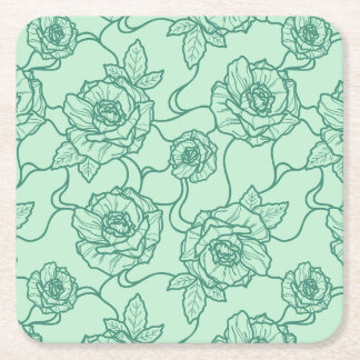 Whispers of Rose, Elegant Line Art Floral Pattern Square Paper Coaster