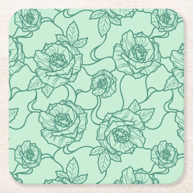 Whispers of Rose, Elegant Line Art Floral Pattern Square Paper Coaster (Front)