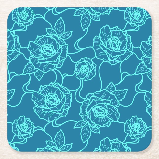 Whispers of Rose, Elegant Line Art Floral Pattern Square Paper Coaster (Front)
