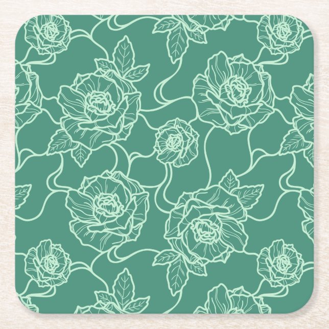 Whispers of Rose, Elegant Line Art Floral Pattern Square Paper Coaster (Front)