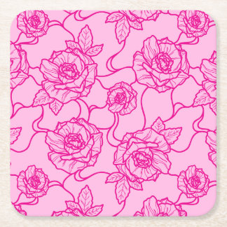 Whispers of Rose, Elegant Line Art Floral Pattern Square Paper Coaster