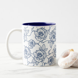 Whispers of Rose, Elegant Line Art Floral Pattern Two-Tone Coffee Mug
