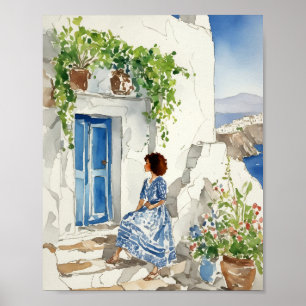 Whispers of the Aegean Santorini Watercolor Poster