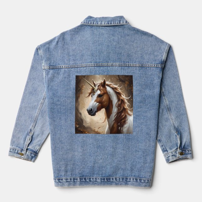 Whispers Of The Brown And White Fantasy Unicorn, Denim Jacket (Back)