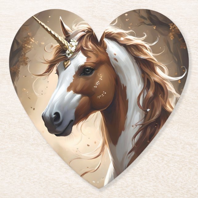 Whispers Of The Brown And White Fantasy Unicorn, Paper Coaster (Front)
