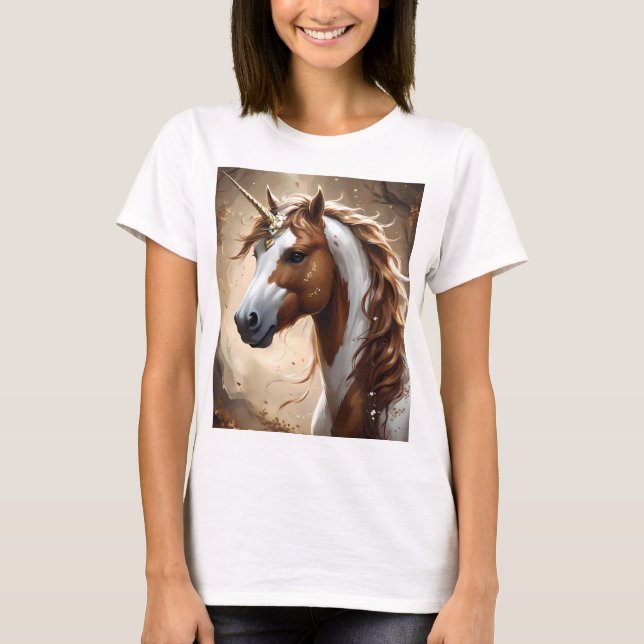 Whispers Of The Brown And White Fantasy Unicorn, T-Shirt (Front)