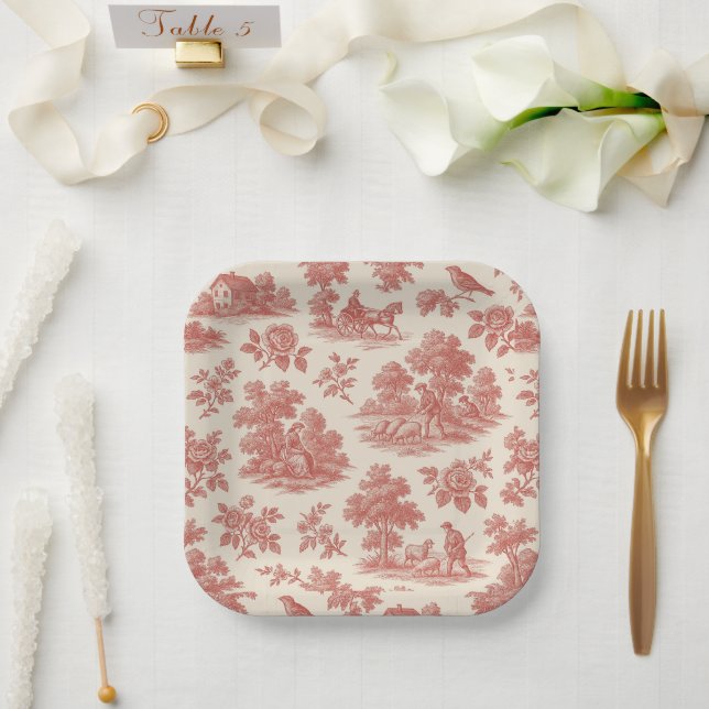 Whispers of the Countryside – Red Toile Paper Plat Plate (Wedding)