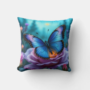 Whispers of the Garden Blue Butterfly & Mauve Rose Cushion