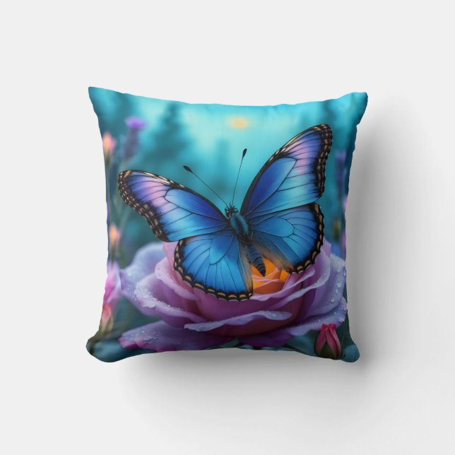 Whispers of the Garden Blue Butterfly & Mauve Rose Cushion (Front)
