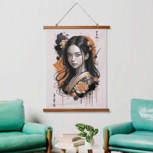 Whispers of the Geisha Bloom: Asian Golden Petals  Hanging Tapestry