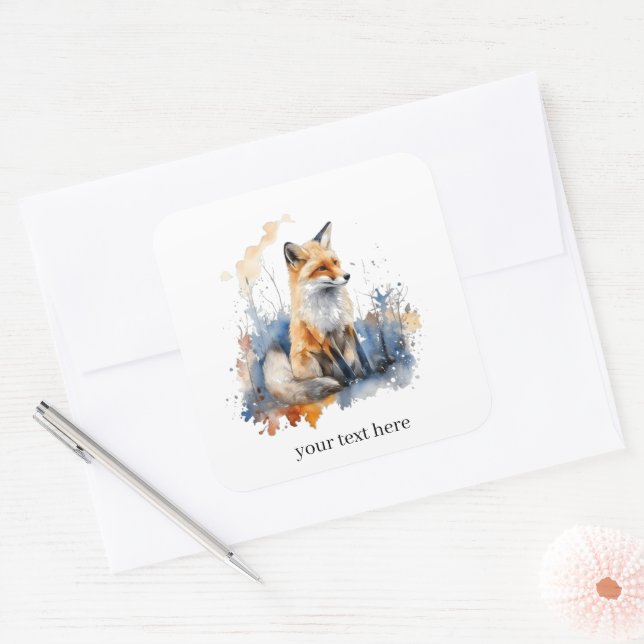 Whispers of the Wild Fox in Watercolor, custom Square Sticker (Envelope)