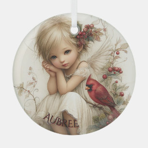 Whispers of Winter – Fairy Child with Cardinal Glass Tree Decoration