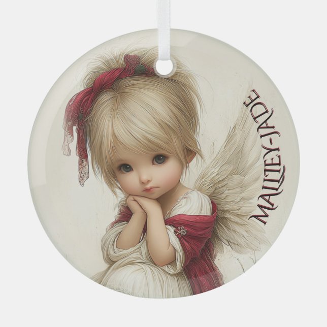Whispers of Winter – Fairy Child with Cardinal  Glass Tree Decoration (Front)