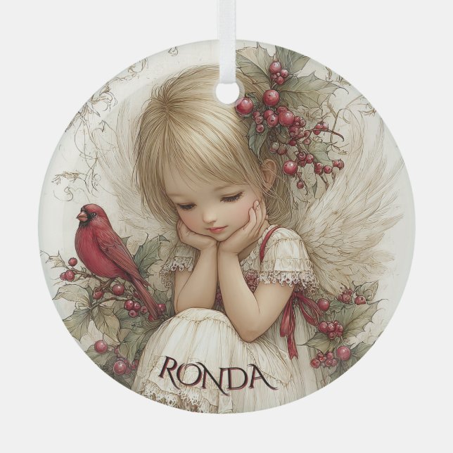 Whispers of Winter – Fairy Child with Cardinal  Glass Tree Decoration (Front)
