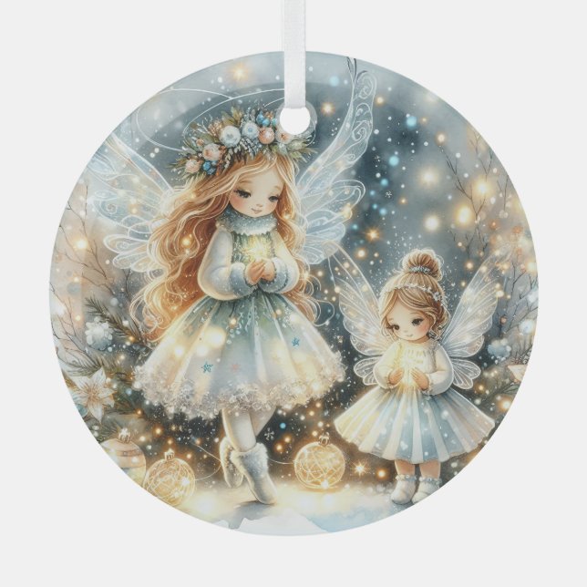 Whispers of Winterlight: Enchanted Snow Fairies Glass Tree Decoration (Front)