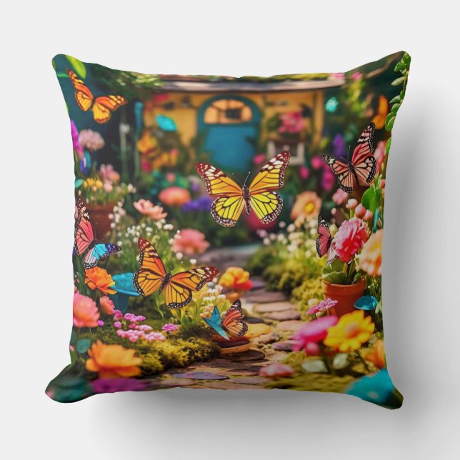 Whispers of Wonder - Colourful Butterfly Garden Cushion (Front)