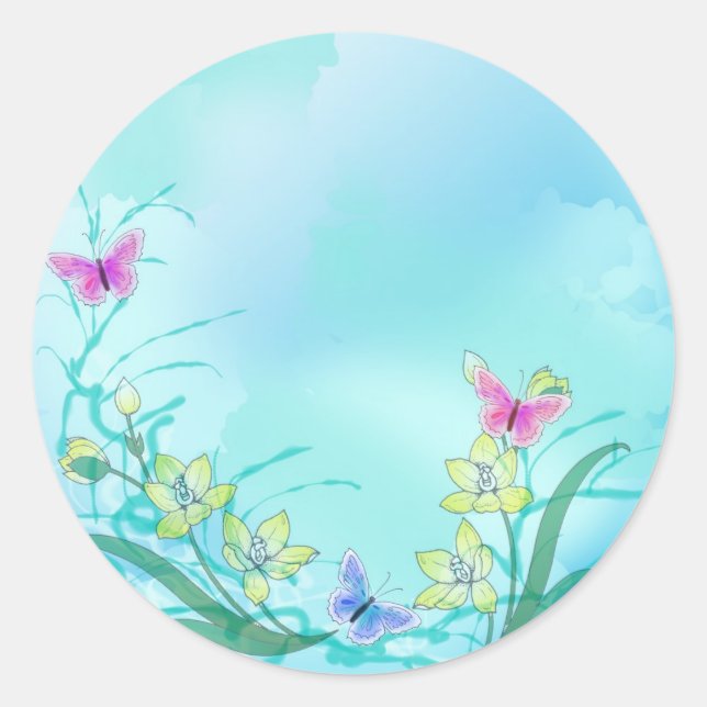 Whispy blue with flowers and butterflies classic round sticker (Front)