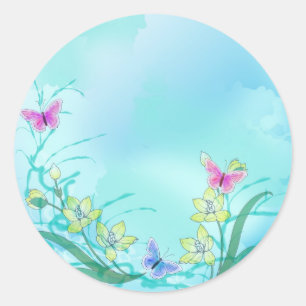 Whispy blue with flowers and butterflies classic round sticker