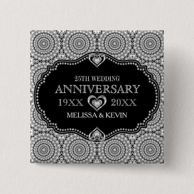 Whit Diamonds Glitter 25th Wedding Anniversary 15 Cm Square Badge (Front)