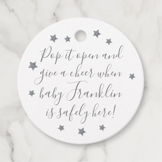 Whit & Silver Boy Baby Shower Champagne Favour Tag (Front)