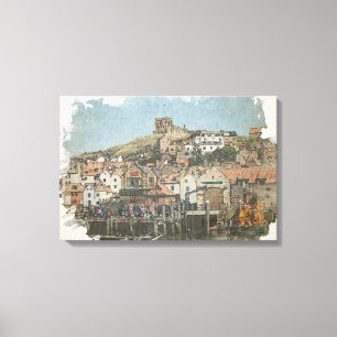 Whitby Harbour and St Mary's Church Watercolor Art Canvas Print