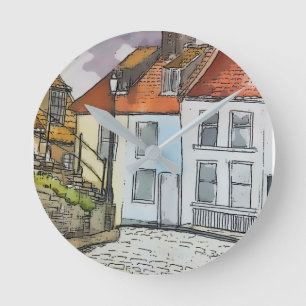Whitby Steps Scarborough Original Painting  Round Clock