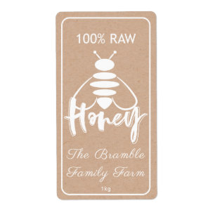 White 100% Raw Honey Bee Label On Kraft Apiary