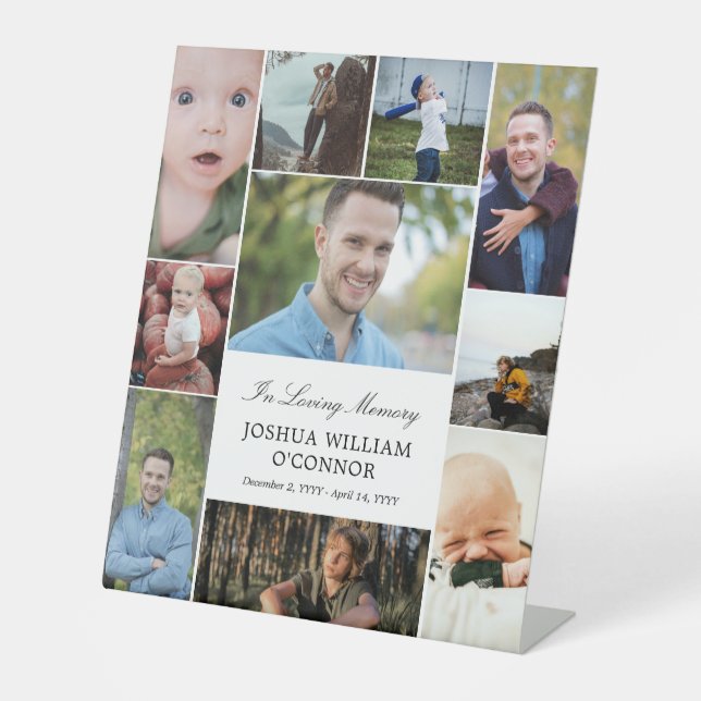 White 10 Photo Collage In Loving Memory Pedestal Sign (Front)