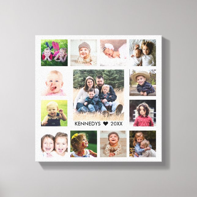 White 13 Photo Collage  Family Name Personalised Canvas Print (Front)