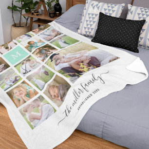 White 16 Photo Collage Monogram Name Calligraphy Fleece Blanket