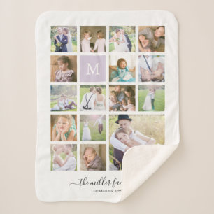 White 16 Photo Collage Monogram Name Calligraphy Sherpa Blanket