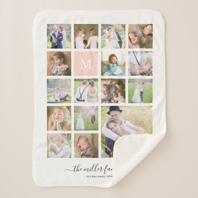 White 16 Photo Collage Monogram Name Calligraphy Sherpa Blanket (Front)