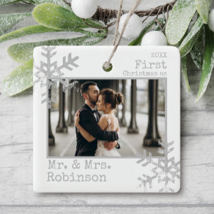 White 1st Christmas Mr. & Mrs. Photo Ceramic Ornament