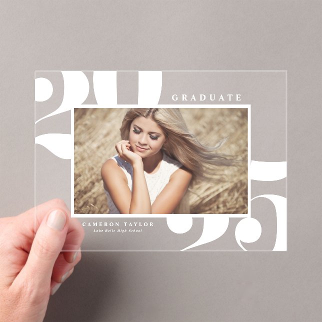 White 2025 Bold Typography Photo Graduation Acrylic Invitations (Insitu (Handheld))