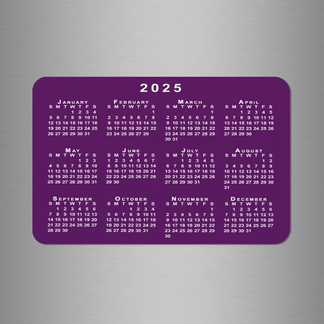 White 2025 Calendar on Purple Background Template Magnet (White 2025 Calendar on Purple Background Template Magnet, in situ)