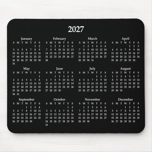 White 2027 Calendar on Black Mouse Mat (Front)