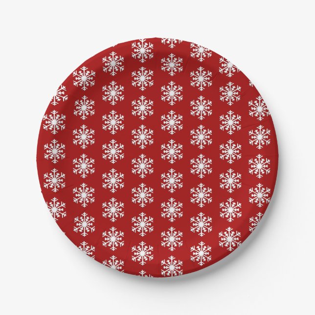 White 3-d Snowflake on a Deep Red Background Paper Plate (Front)