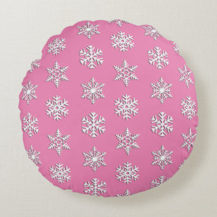 White 3-d snowflakes, Customisable Background Round Cushion