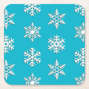 White 3-d snowflakes, Customisable Background Square Paper Coaster