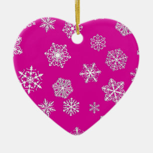 White 3-d snowflakes on a fuchsia pink background ceramic tree decoration